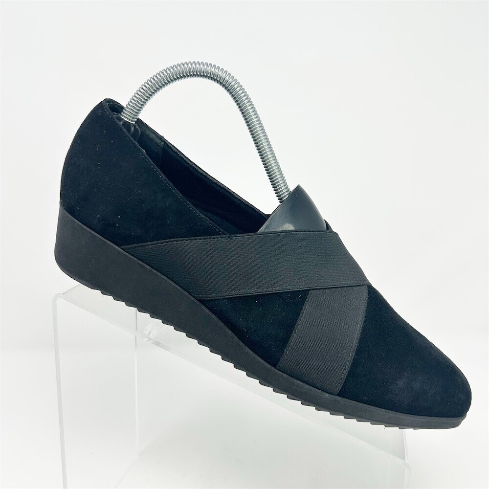 Munro Womens Black Wedge Slip On Pumps Square Toe Crisscross Straps Size 9.5 W